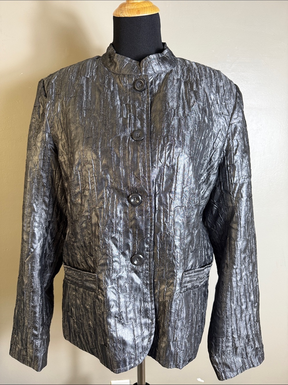 Erin by Erin London Charcoal Gray Crinkled Textured Jacket Mandarin Collar XL